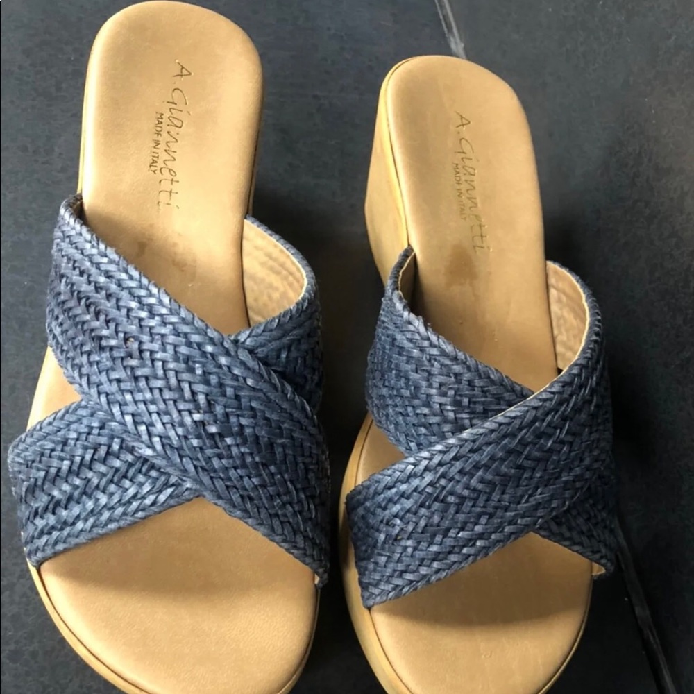 A. Giannetti wedge slip on sandals w/blue woven strap that cross. Size 6